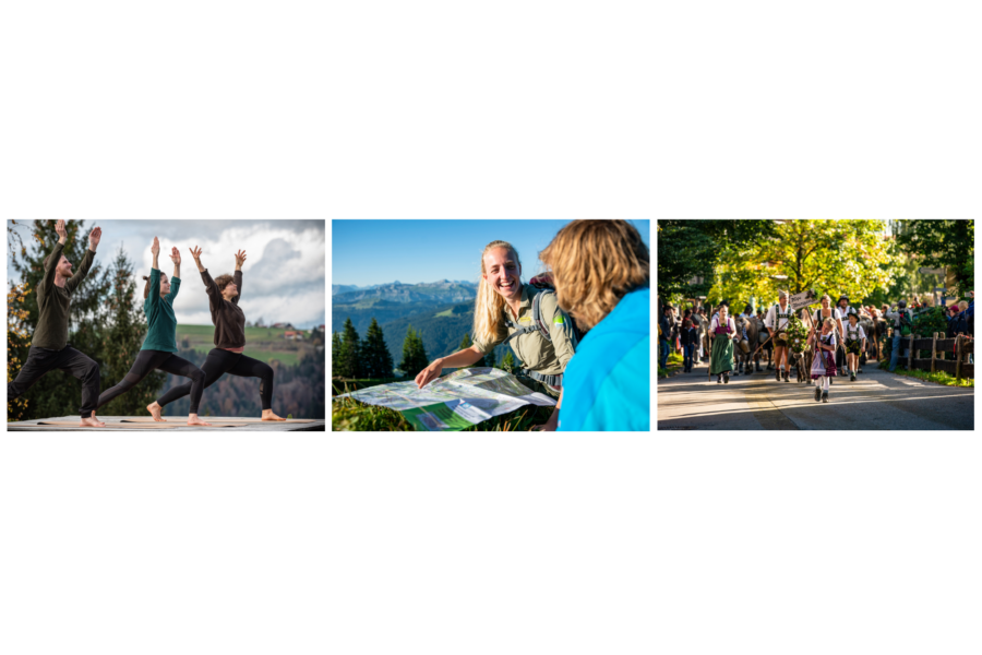 Ob Yoga, Wandern oder Viehscheid: Oberstaufen verspricht einen abwechslungsreichen Urlaub. © Oberstaufen Tourismus Marketing, Tobias Heimplätzer und Moritz Sonntag (2)