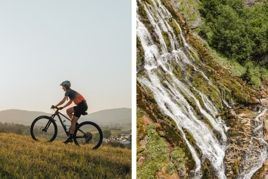 Mit dem Mountainbike unterwegs in der Donauregion und zur Abkühlung in Saalfelden Leogang auf der Bike & Hike Route zum Stoissengraben Wasserfall.  © Tourismusverband Donau Oberösterreich | CM Visuals, Michael Geißler