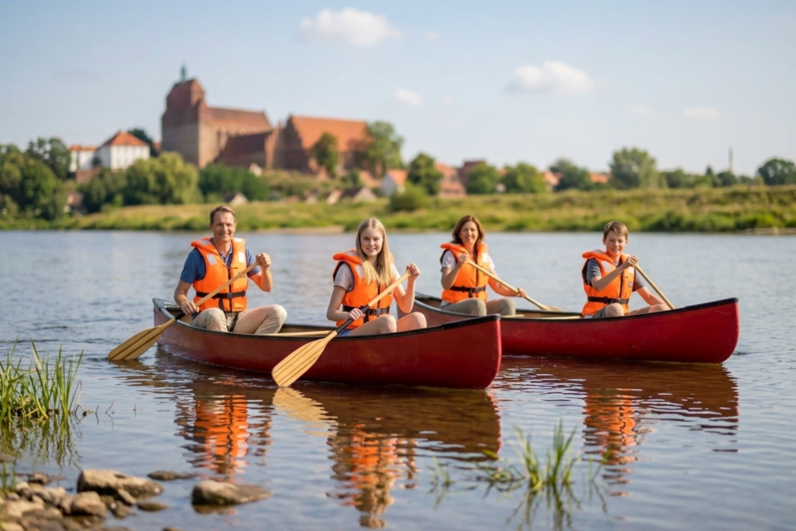 Vor der Kulisse von Tangermünde: Flusswandern und Kanutouren kann man auf verschiedenen Gewässern in der Altmark unternehmen. © ART Tangermünde