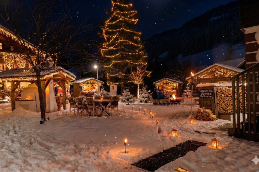 So soll es aussehen: Im November wird das Hoteldorf Schönleiten zum ersten Weihnachtsdorf Österreichs (Foto mit KI bearbeitet) © Naturel Hotels & Resorts